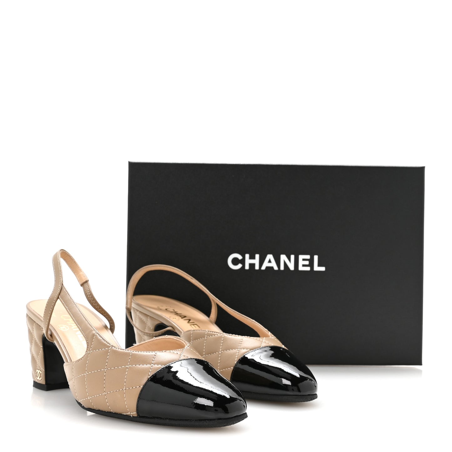 Lambskin Patent Calfskin Quilted Cap Toe CC Slingback Pumps 38.5 Beige Black