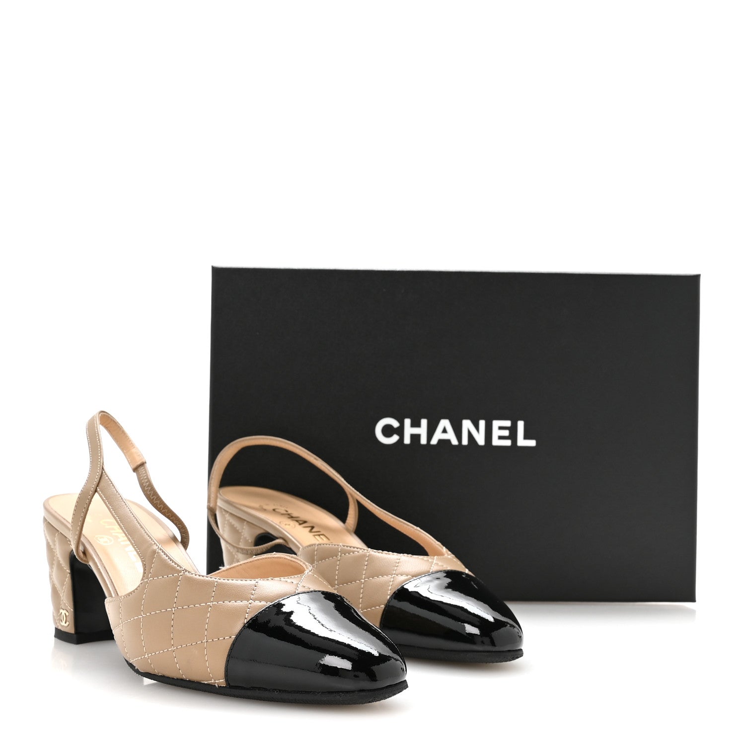 Chanel Lambskin Patent Calfskin Quilted Cap Toe CC Slingback Pumps 38.5 Beige Black 9 of 9