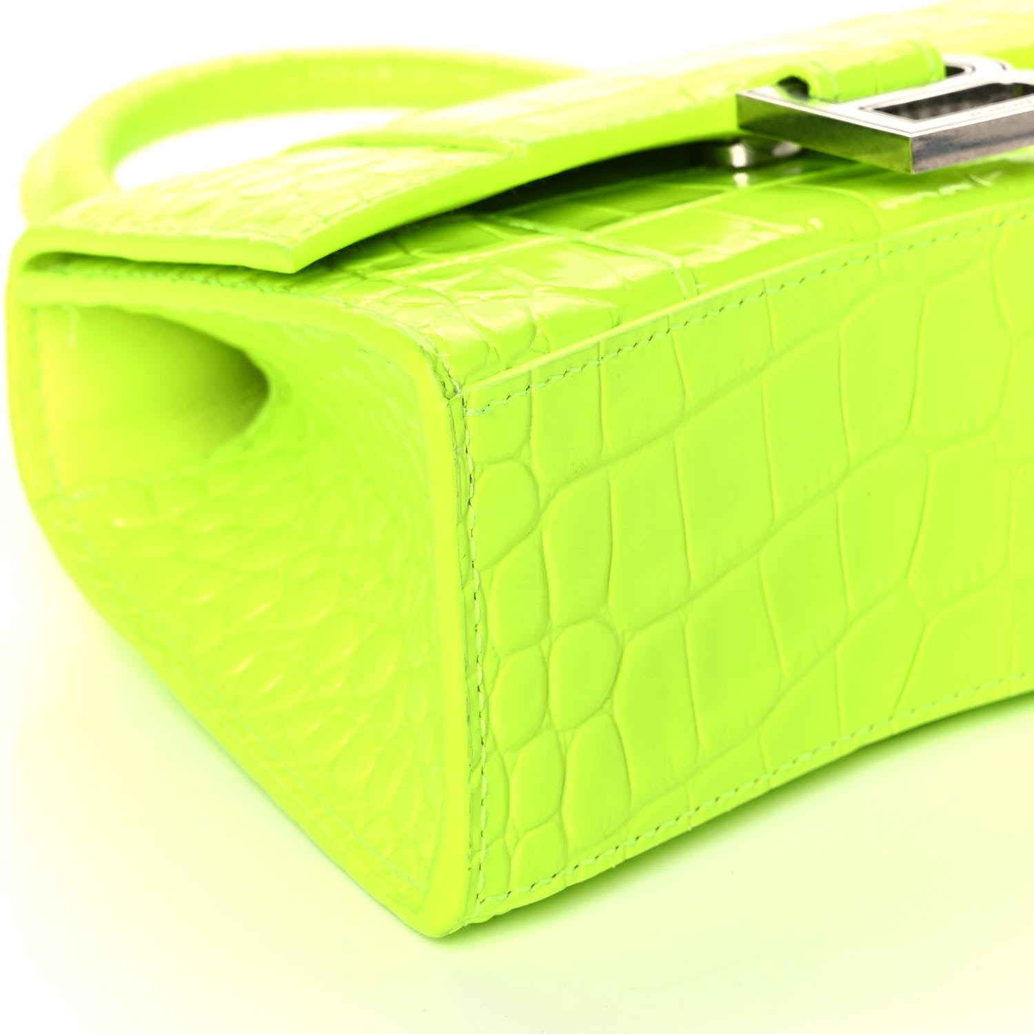 Balenciaga Shiny Calfskin Crocodile Embossed Hourglass Top Handle Bag XS Fluo Yellow 9 of 12