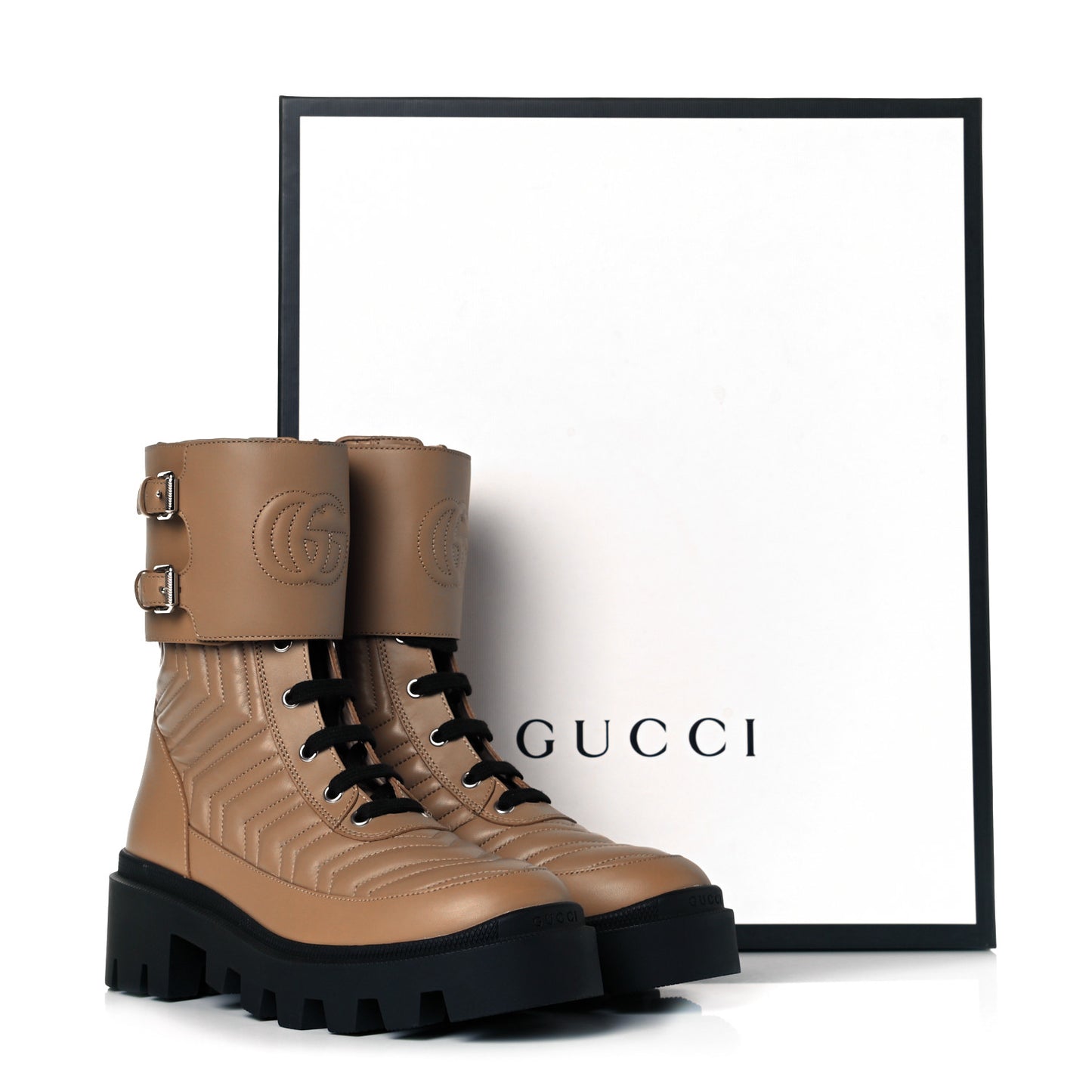 Nappa Frances GG Matelasse Platform Combat Boots 38 Natural Tan