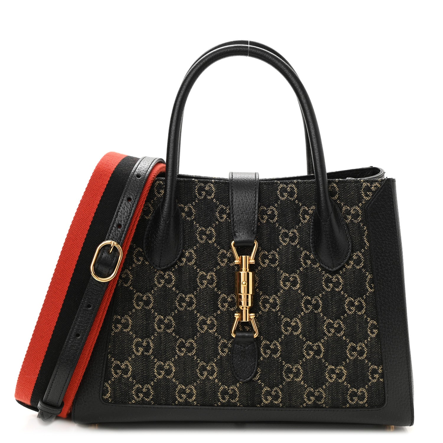 Gucci Jacquard Black Denim GG Monogram Textured Dollar Calfskin Medium Jackie 1961 Tote Black Ivory 1 of 9