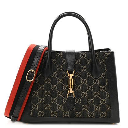 Gucci Jacquard Black Denim GG Monogram Textured Dollar Calfskin Medium Jackie 1961 Tote Black Ivory 1 of 9