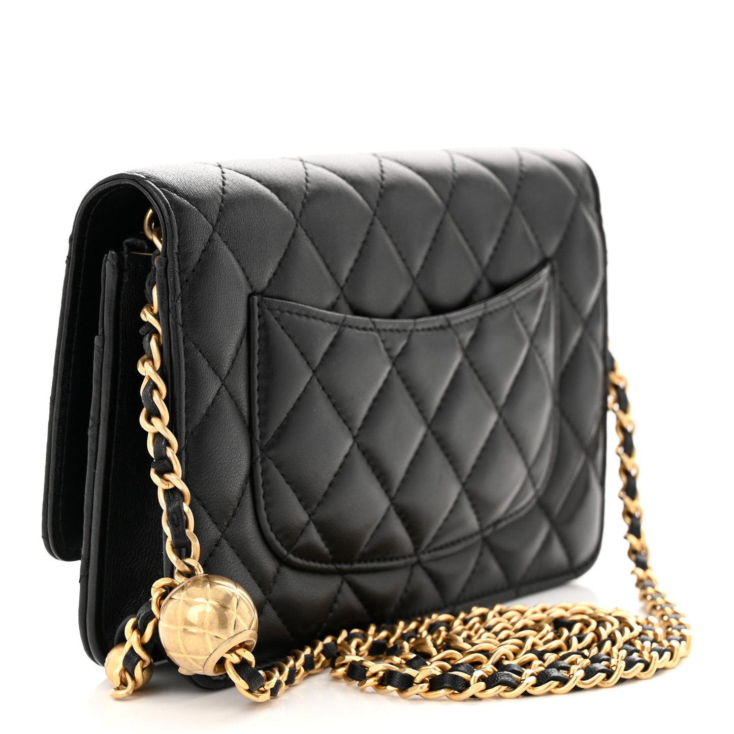 Lambskin Quilted Pearl Crush Wallet On Chain WOC Black