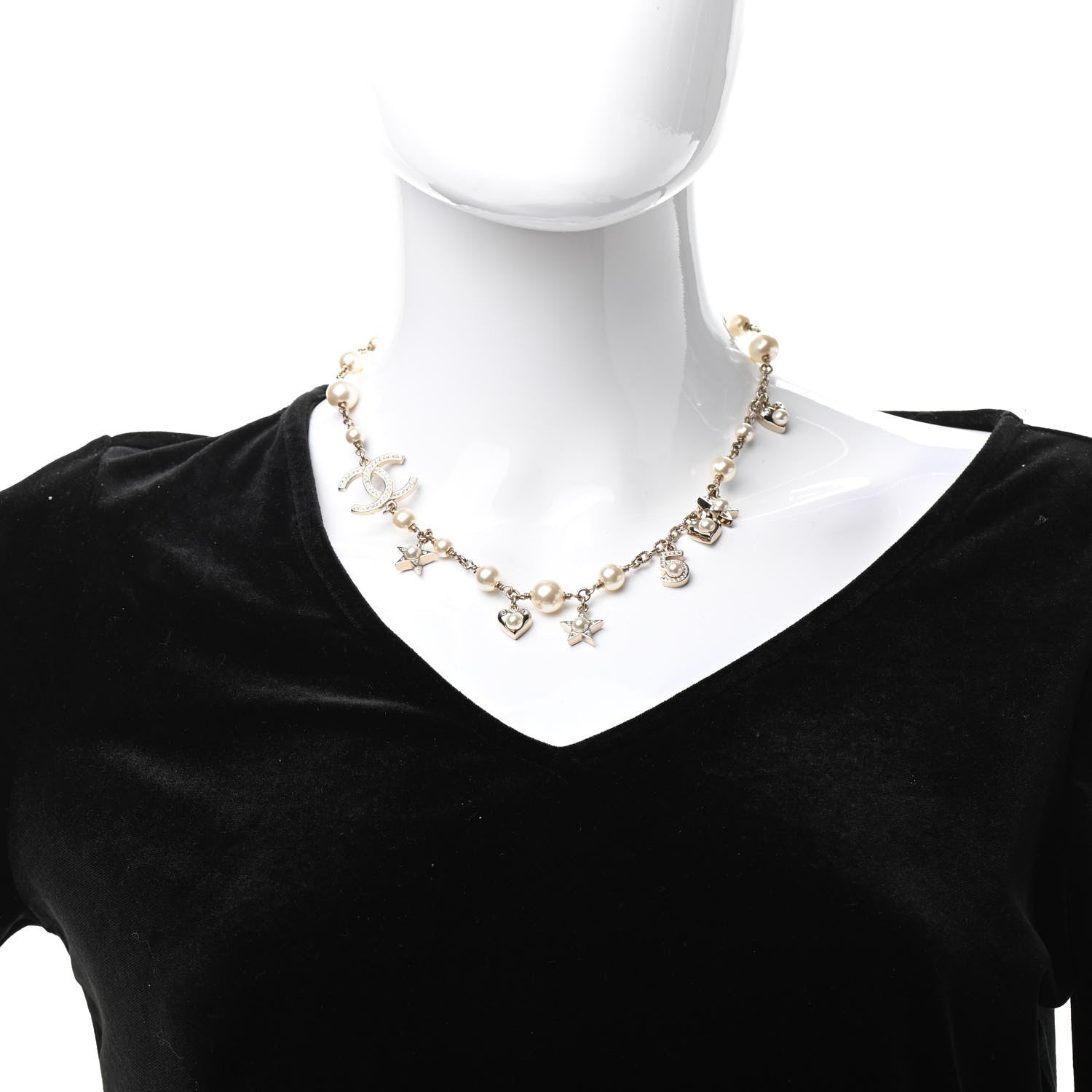 Chanel Crystal Pearl Star CC Short Necklace Silver 2 of 7