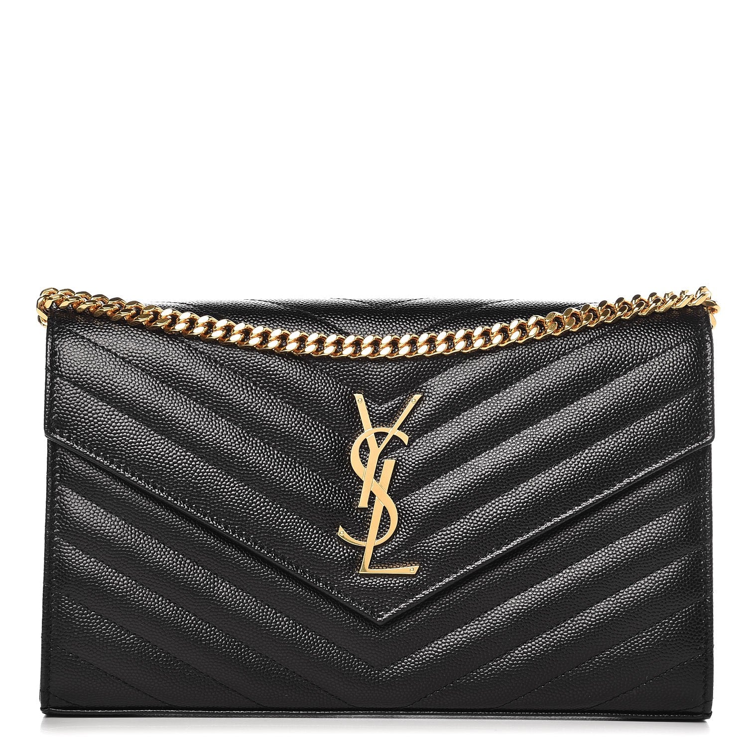 Saint Laurent Grain De Poudre Matelasse Chevron Monogram Chain Wallet Black 1 of 8