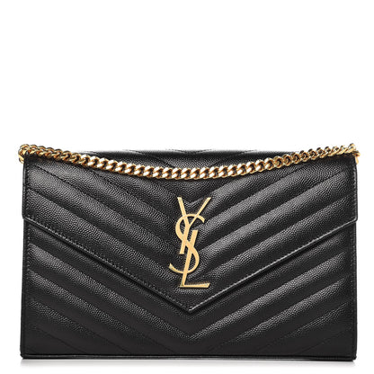 Saint Laurent Grain De Poudre Matelasse Chevron Monogram Chain Wallet Black 1 of 8