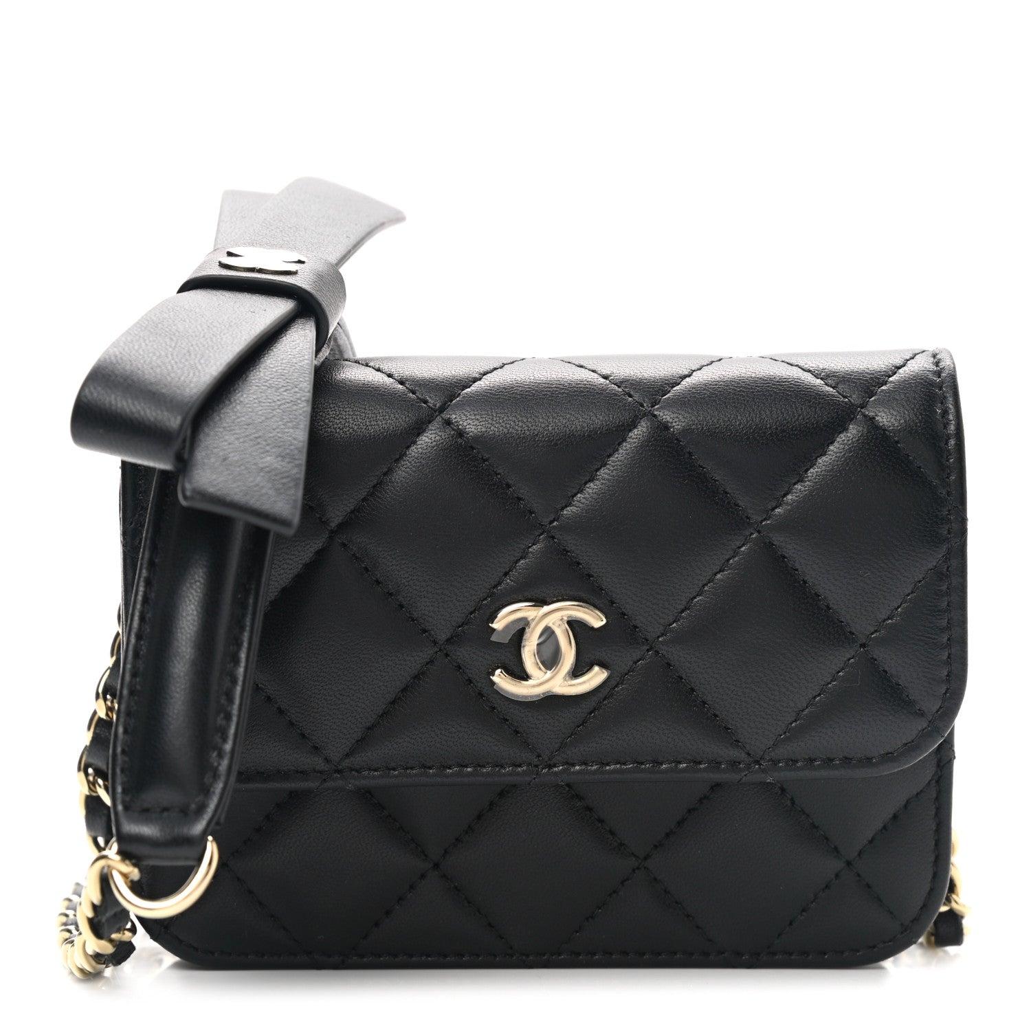Chanel Lambskin Quilted Mini Coco Bow Clutch With Chain Black 1 of 10