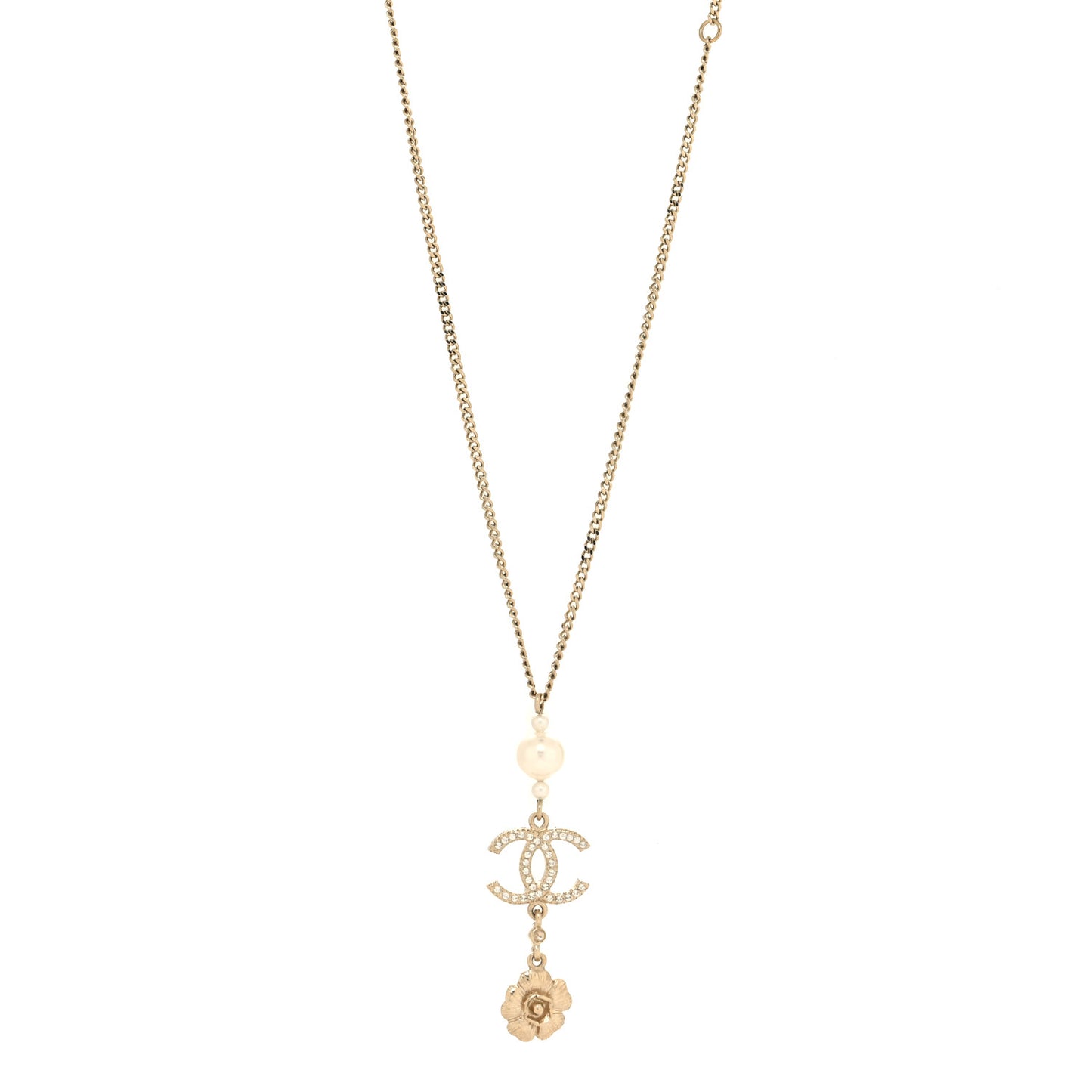Crystal Pearl CC Drop Camellia Necklace Gold