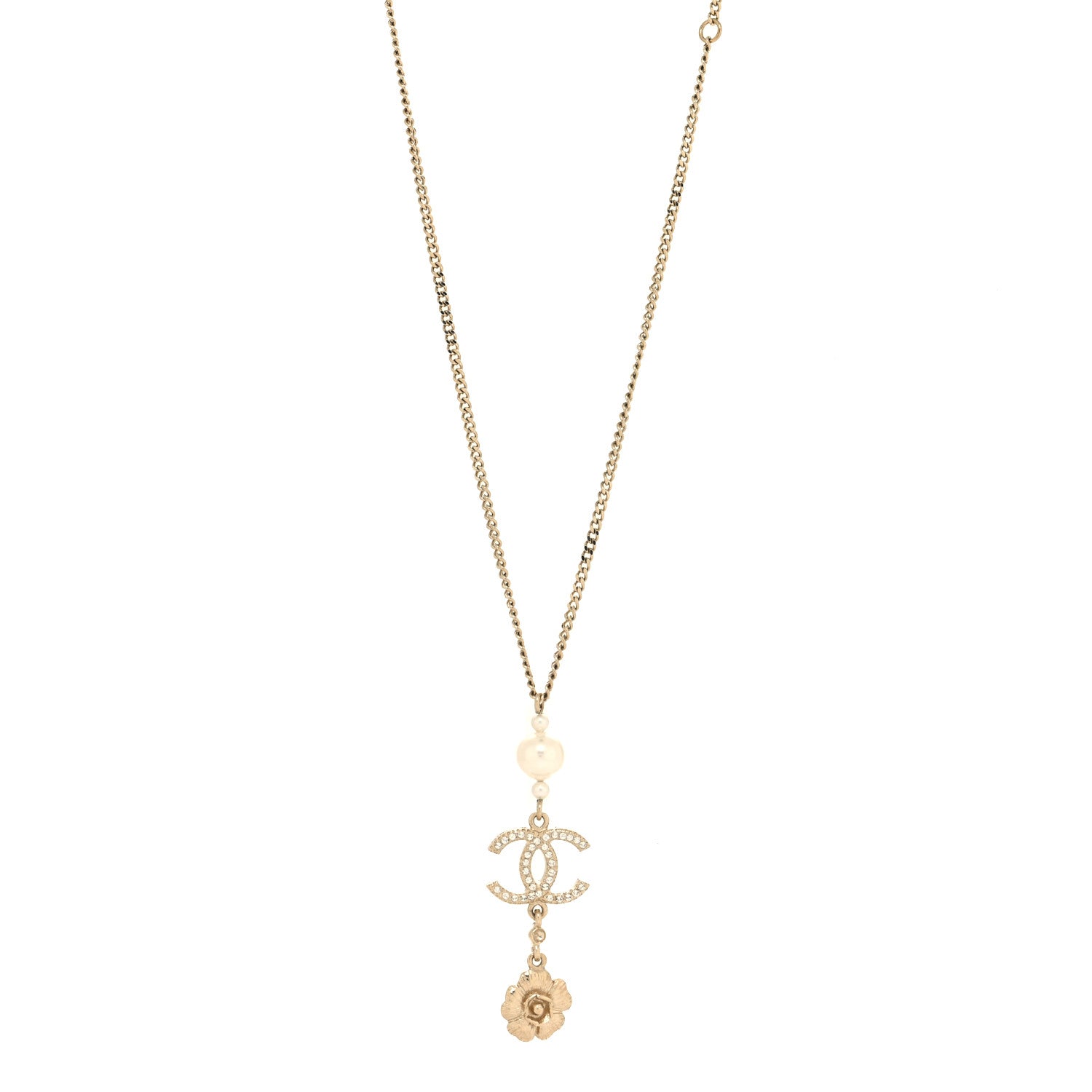 Chanel Crystal Pearl CC Drop Camellia Necklace Gold 1 of 5