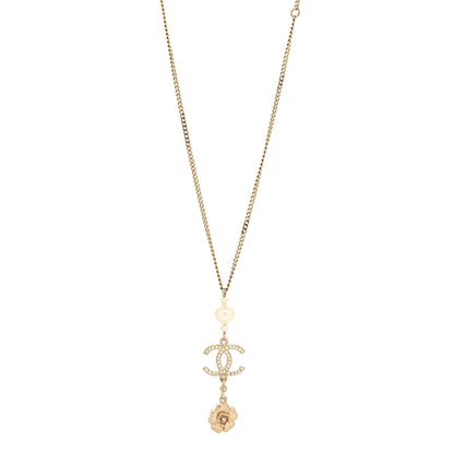 Chanel Crystal Pearl CC Drop Camellia Necklace Gold 1 of 5