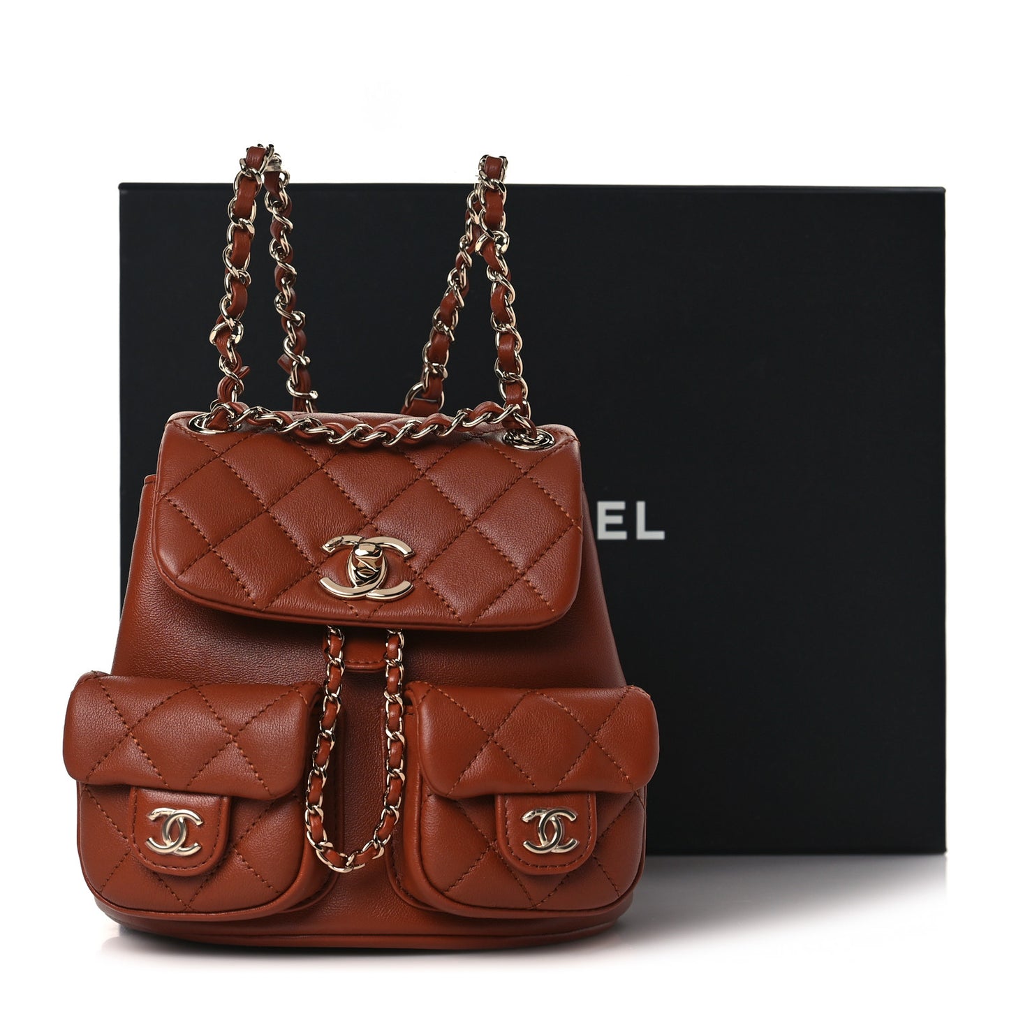 Calfskin Quilted Small Duma Pockets Drawstring Backpack Light Brown