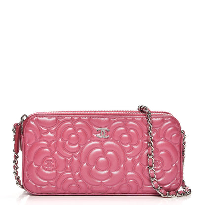 Chanel Lambskin Camellia Embossed Small Clutch With Chain Fuchsia 1 of 11