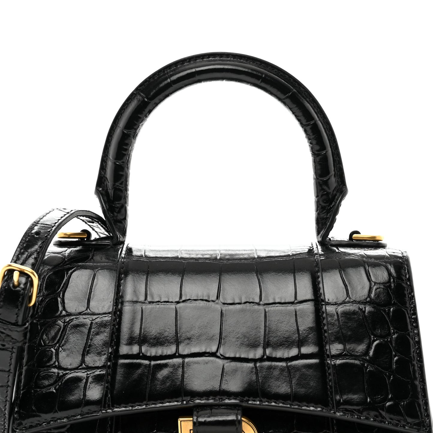 Shiny Calfskin Crocodile Embossed Hourglass Top Handle Bag XS Black