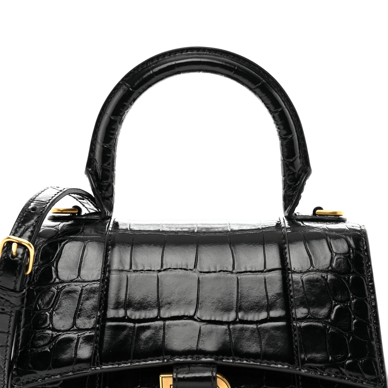 Balenciaga Shiny Calfskin Crocodile Embossed Hourglass Top Handle Bag XS Black 5 of 11