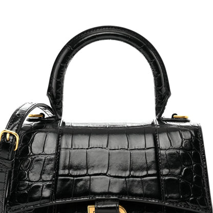 Balenciaga Shiny Calfskin Crocodile Embossed Hourglass Top Handle Bag XS Black 5 of 11