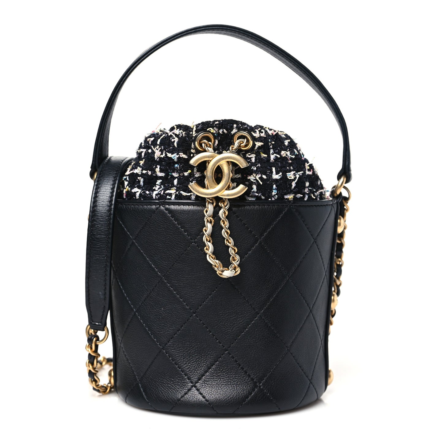 Calfskin Tweed Small CC Chain Bucket Drawstring Bag Black Multicolor