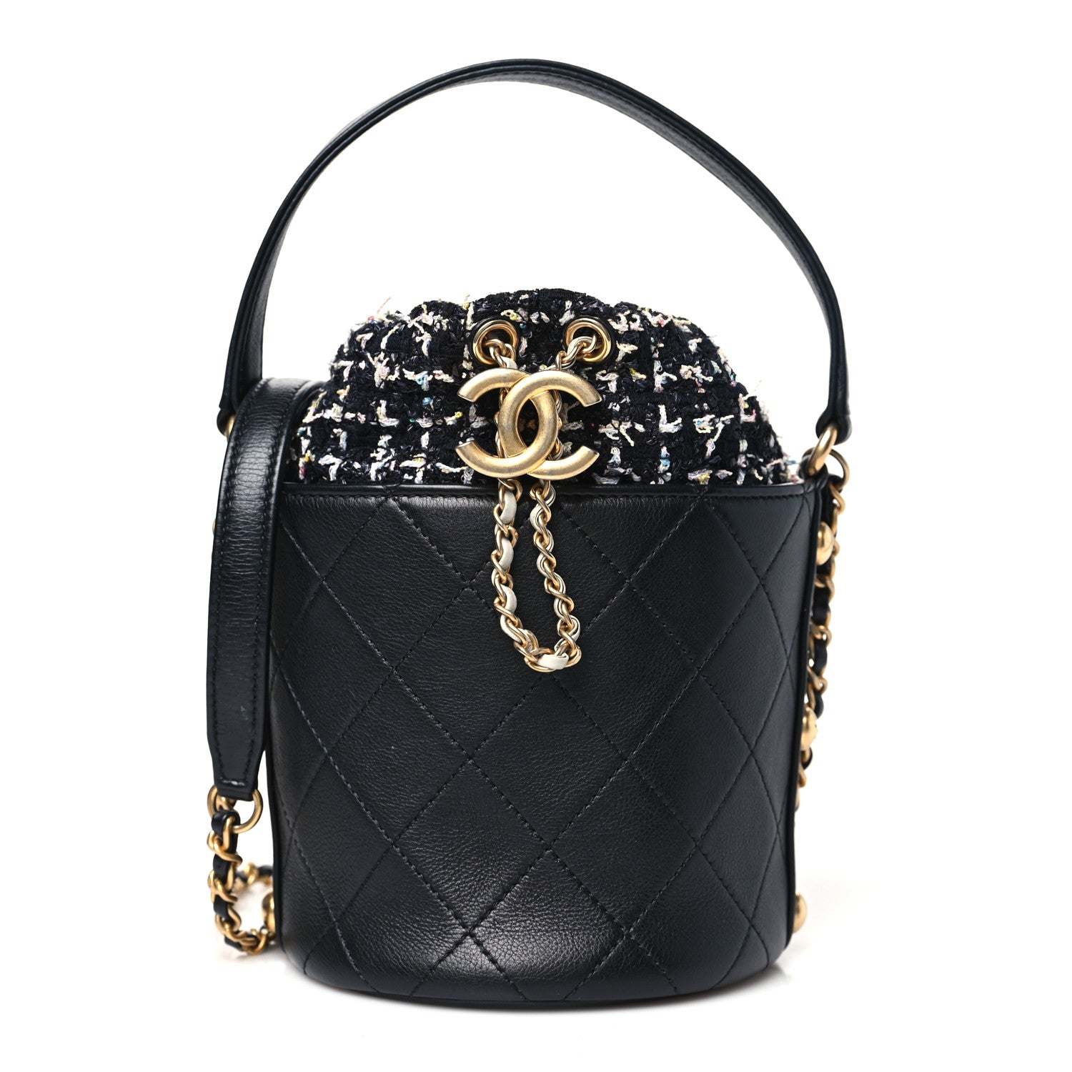 Chanel Calfskin Tweed Small CC Chain Bucket Drawstring Bag Black Multicolor 1 of 10