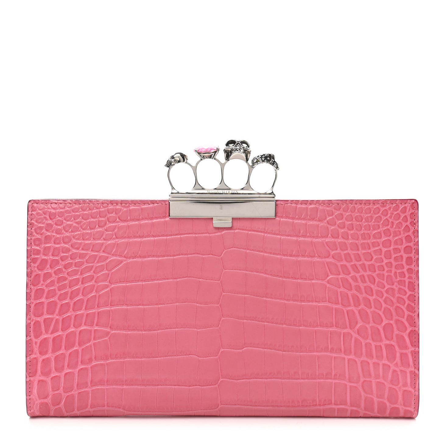 Calfskin Crocodile Embossed Knuckle Flat Clutch Pink