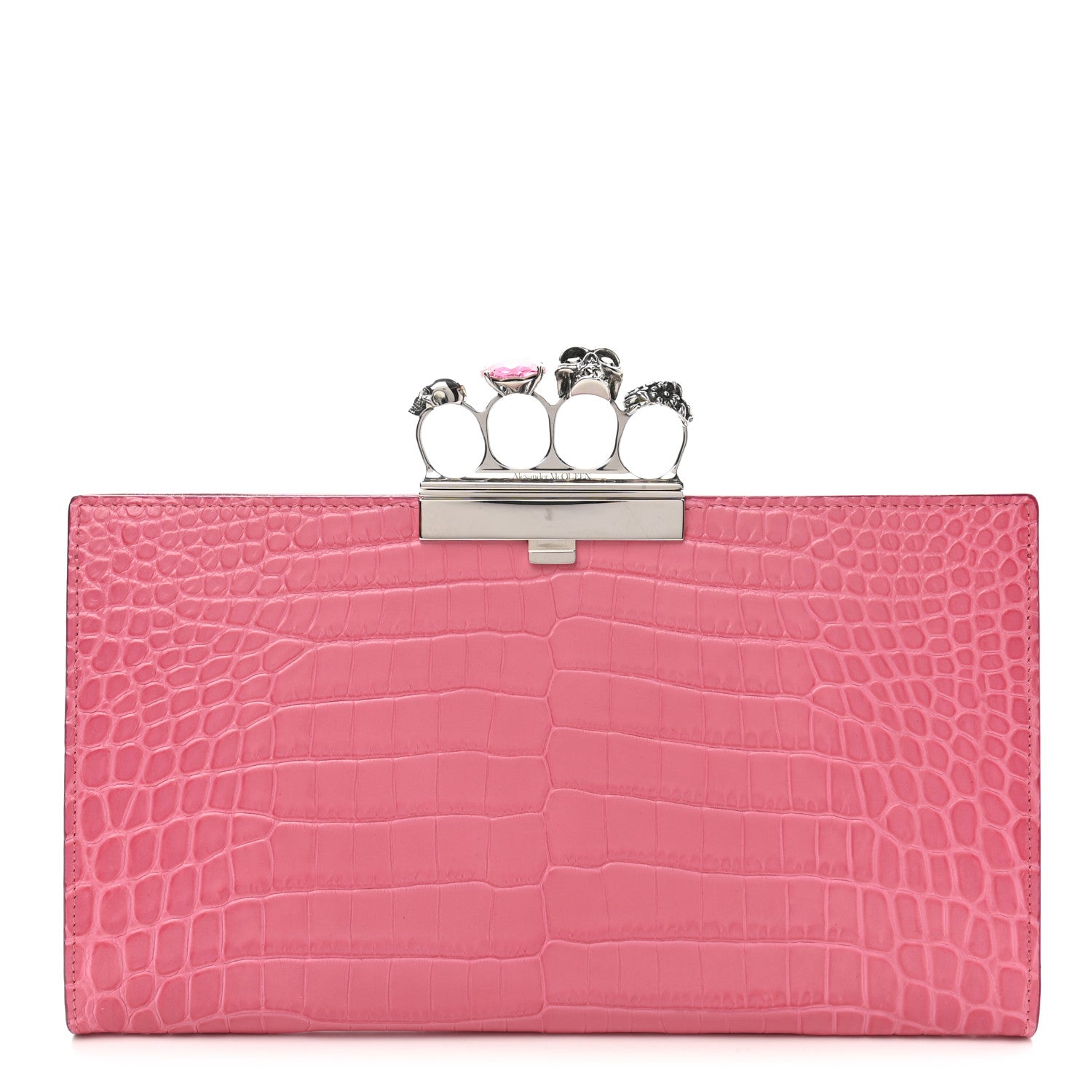 Alexander McQueen Calfskin Crocodile Embossed Knuckle Flat Clutch Pink 1 of 7