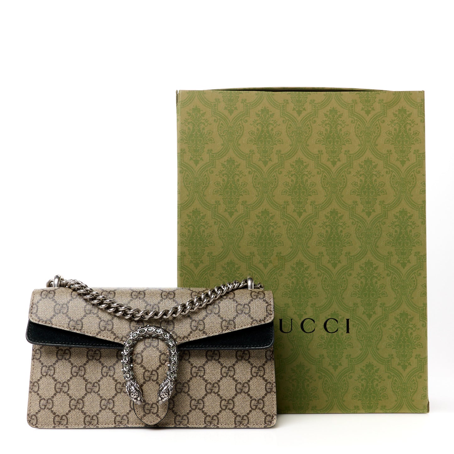 GG Supreme Monogram Suede Crystal Small Dionysus Shoulder Bag Beige Ebony Black