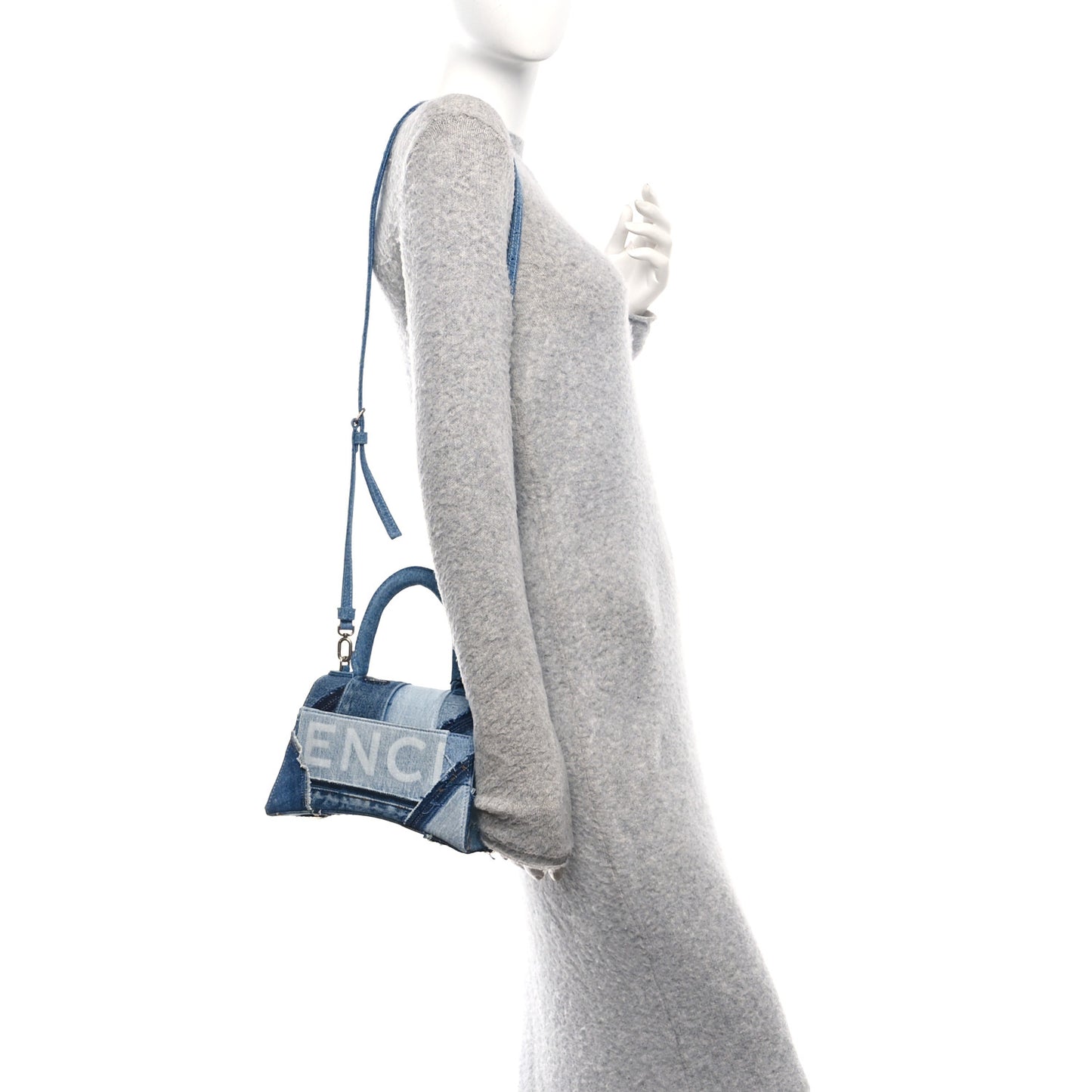 Denim Patchwork Small Hourglass Top Handle Bag Washed Blue