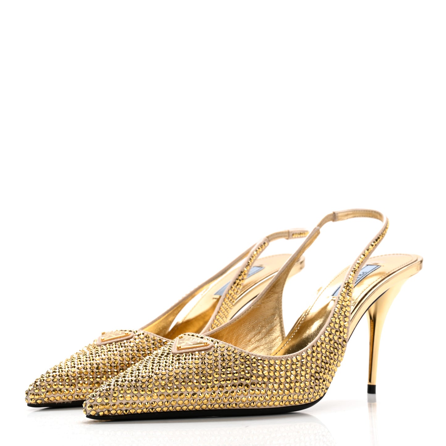 Satin Crystal Triangle Logo 85mm Slingback Pumps 39 Platino