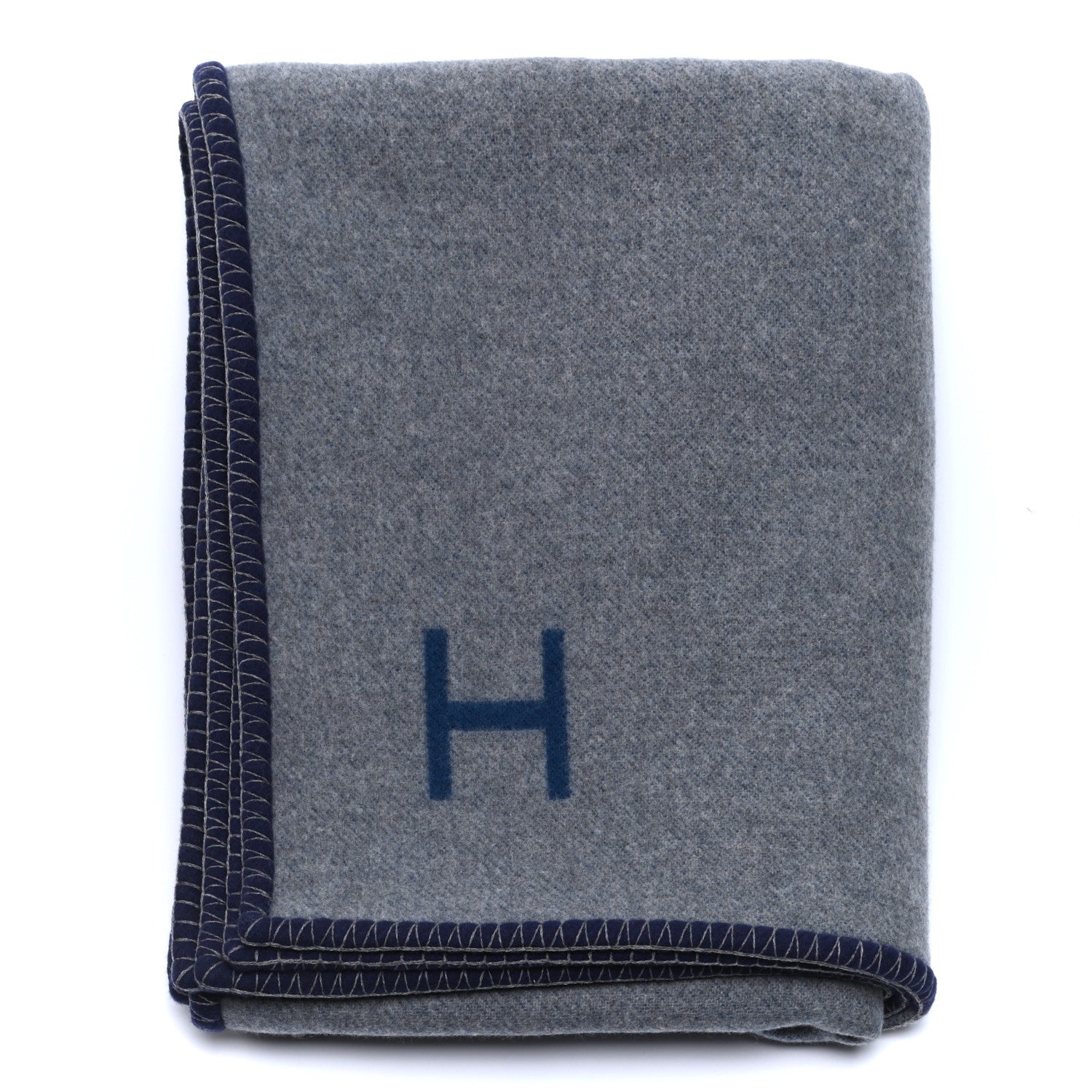 Hermes Wool Cashmere H Casaque Blanket Marine Acier 1 of 3