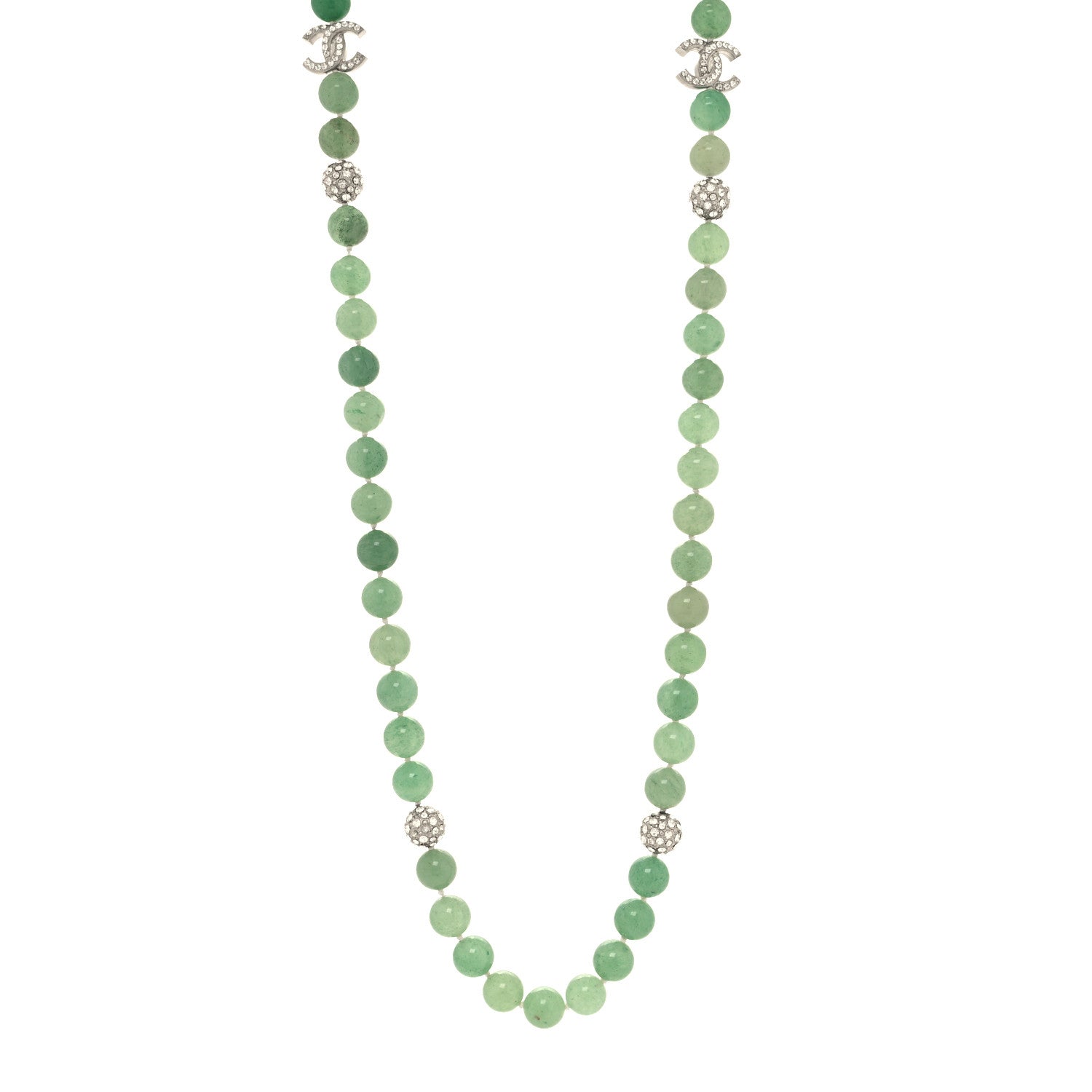 Chanel Beaded Crystal CC Long Necklace Silver 1 of 5