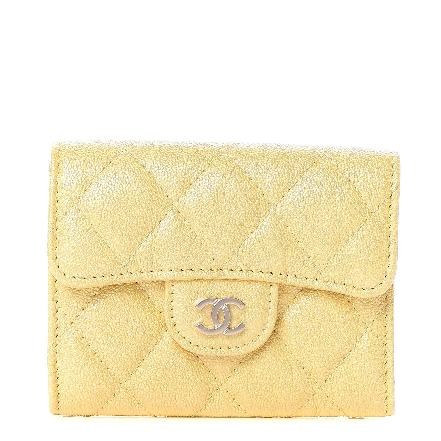 Iridescent Caviar Quilted Flap Card Holder Wallet Yellow