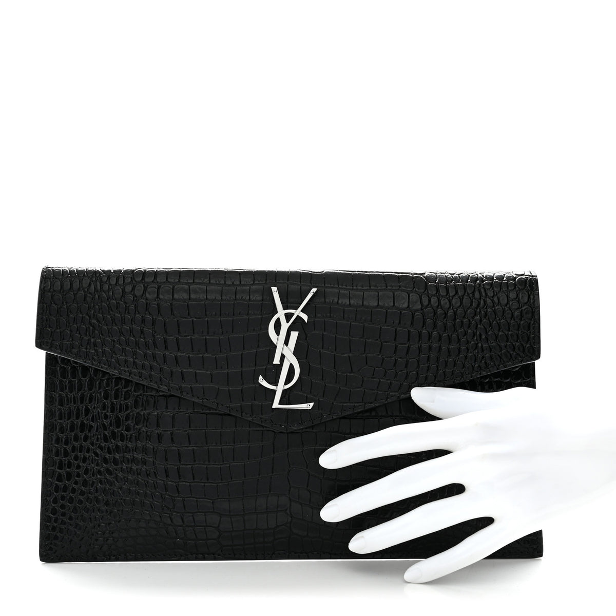 Saint Laurent Calfskin Crocodile Embossed Uptown Monogram Clutch Black 2 of 9