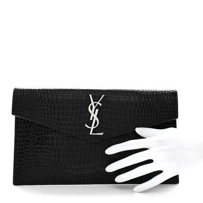 Saint Laurent Calfskin Crocodile Embossed Uptown Monogram Clutch Black 2 of 9