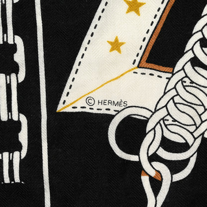 Hermes Cashmere Silk La Promenade du Matin Bandana Shawl 140 Black Noisette Gold 3 of 6