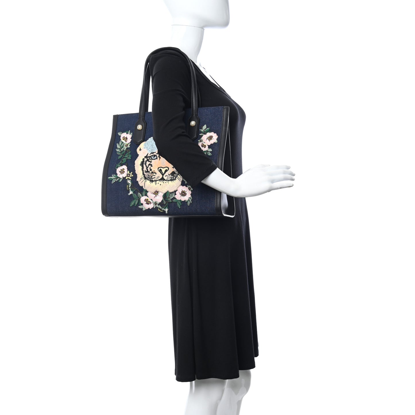 Denim Embroidered Tiger Tote Blue Multicolor