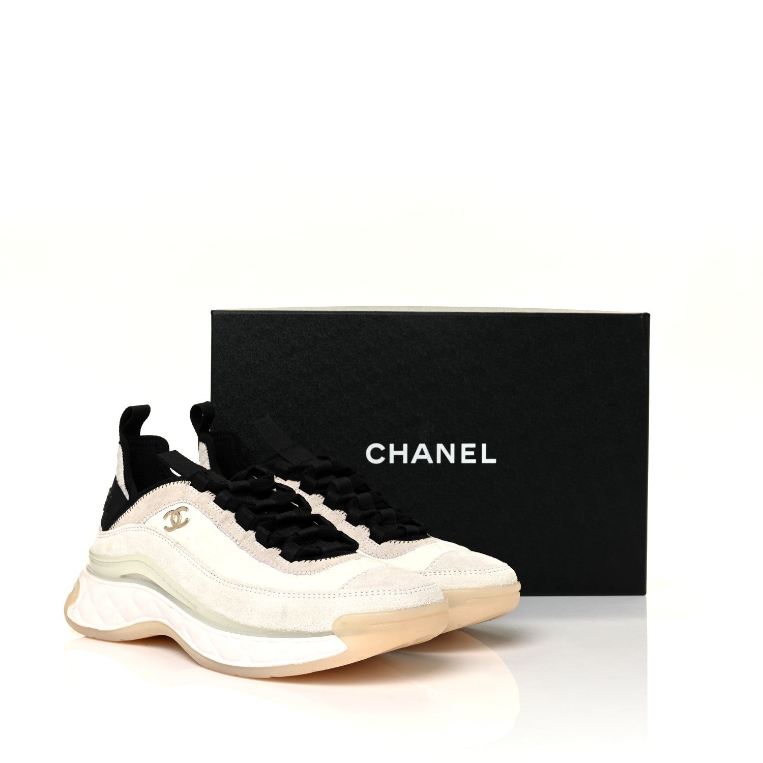 Chanel Velvet Calfskin Mixed Fibers CC Sneakers 38.5 Ivory Black 9 of 9