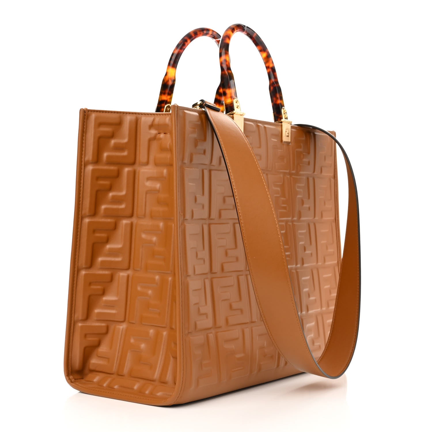 Fendi Vitello Plexiglass FF Embossed Medium Fendi Sunshine Shopper Tote Caramello 3 of 10
