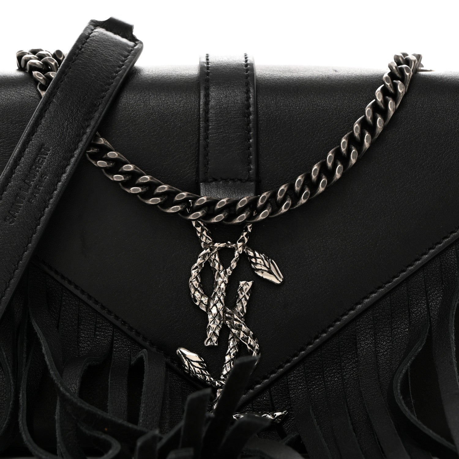 Saint Laurent Calfskin Fringe Baby Snake Monogram Satchel Black 8 of 10