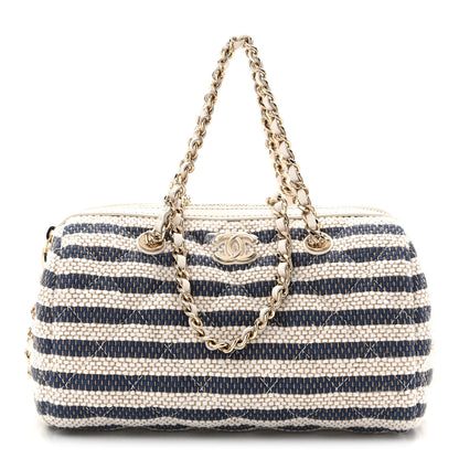 Chanel Printed Fabric Clutch With Chain Light Beige Dark Blue 1 of 12