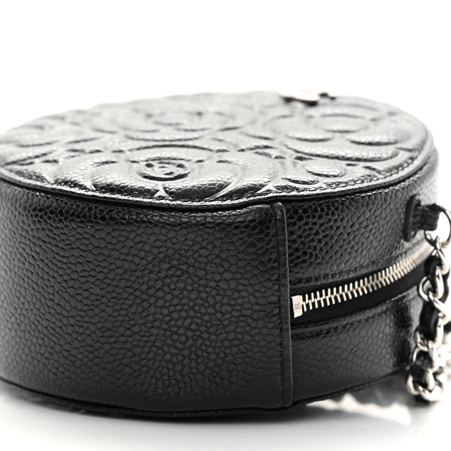 Caviar Camellia Embossed Round Clutch With Chain Black
