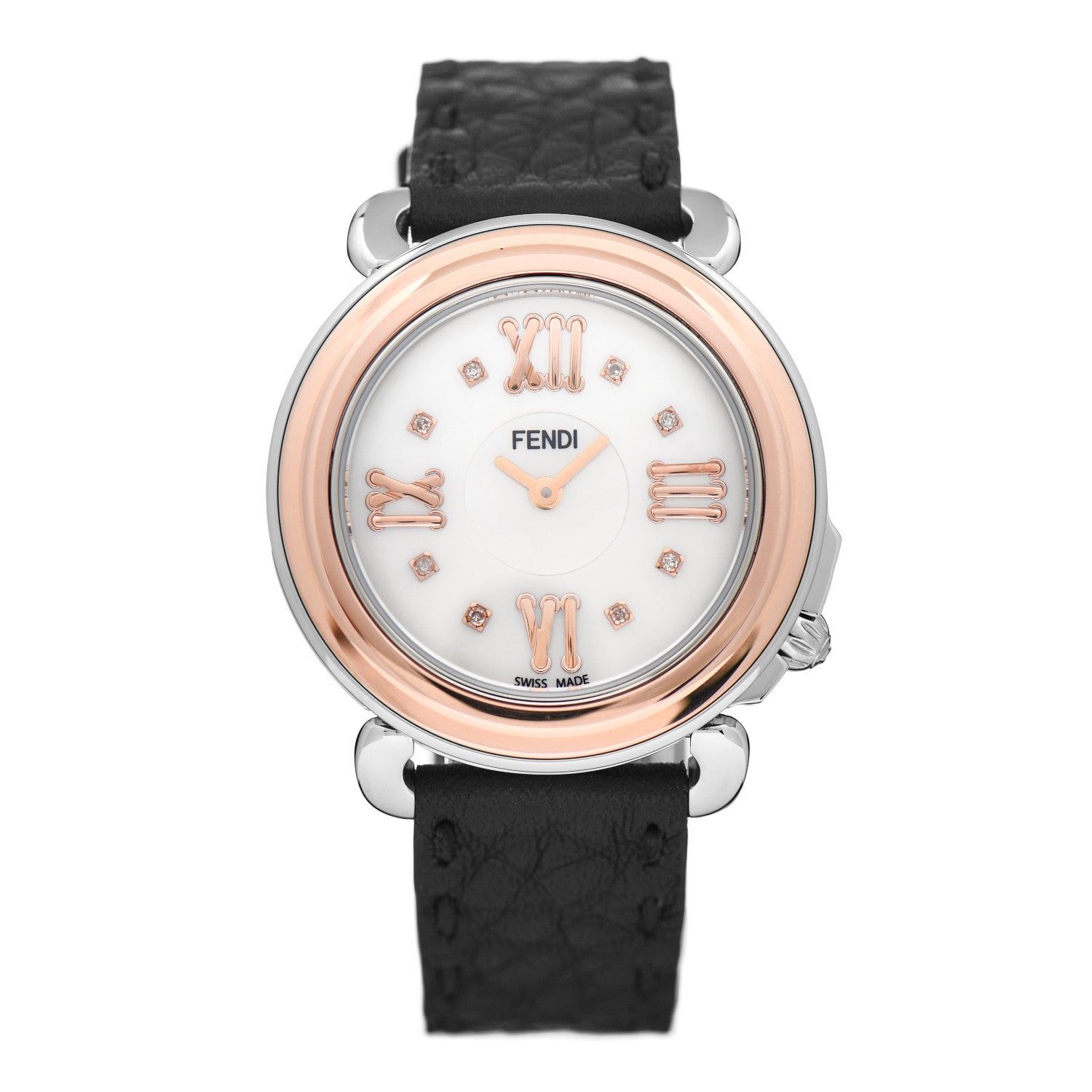 Fendi Stainless Steel 18K Rose Gold Calfskin Diamond Mother of Pearl 37mm Selleria Quartz Watch 1 of 5