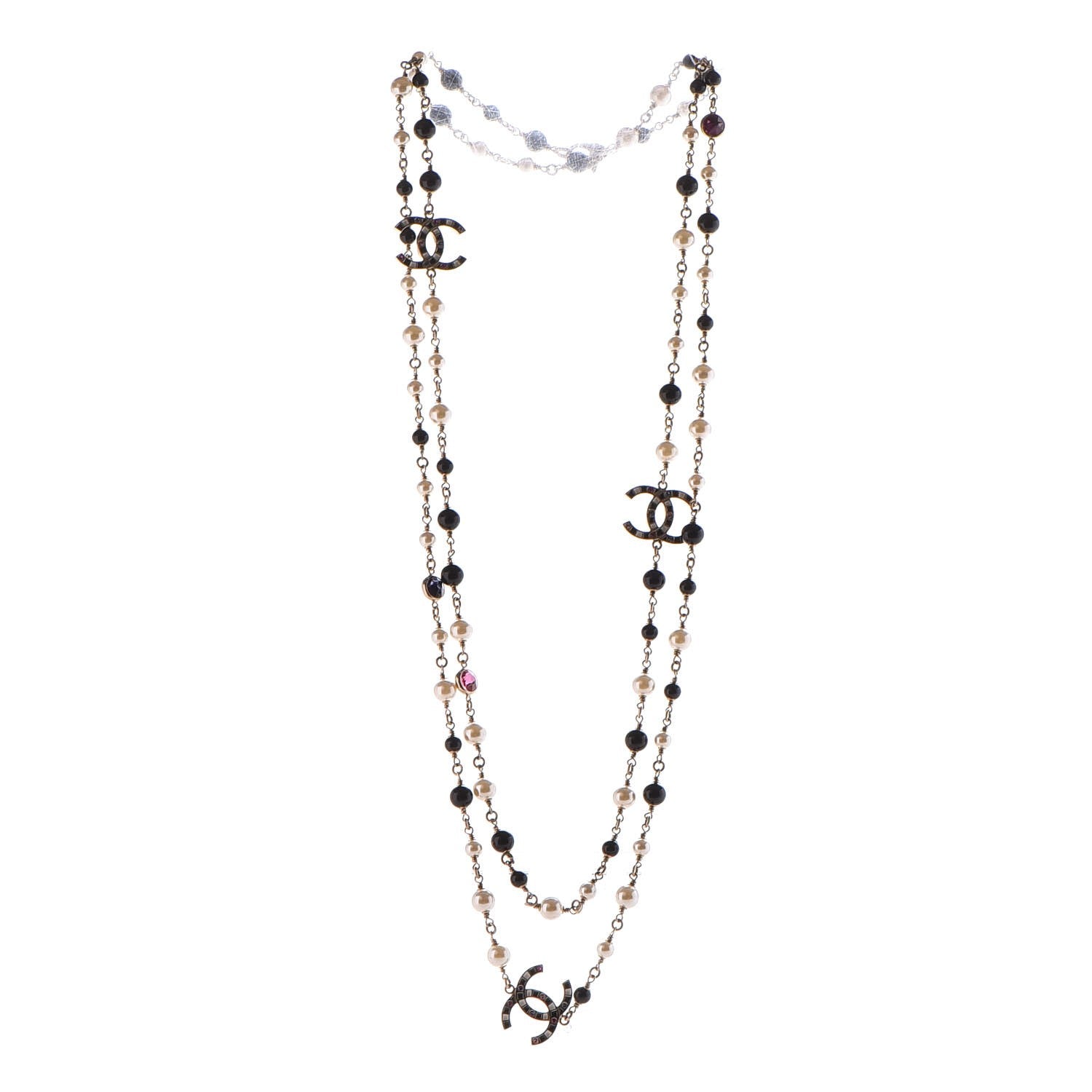 Chanel Pearl Bead Enamel CC Long Necklace Black Gold 1 of 5
