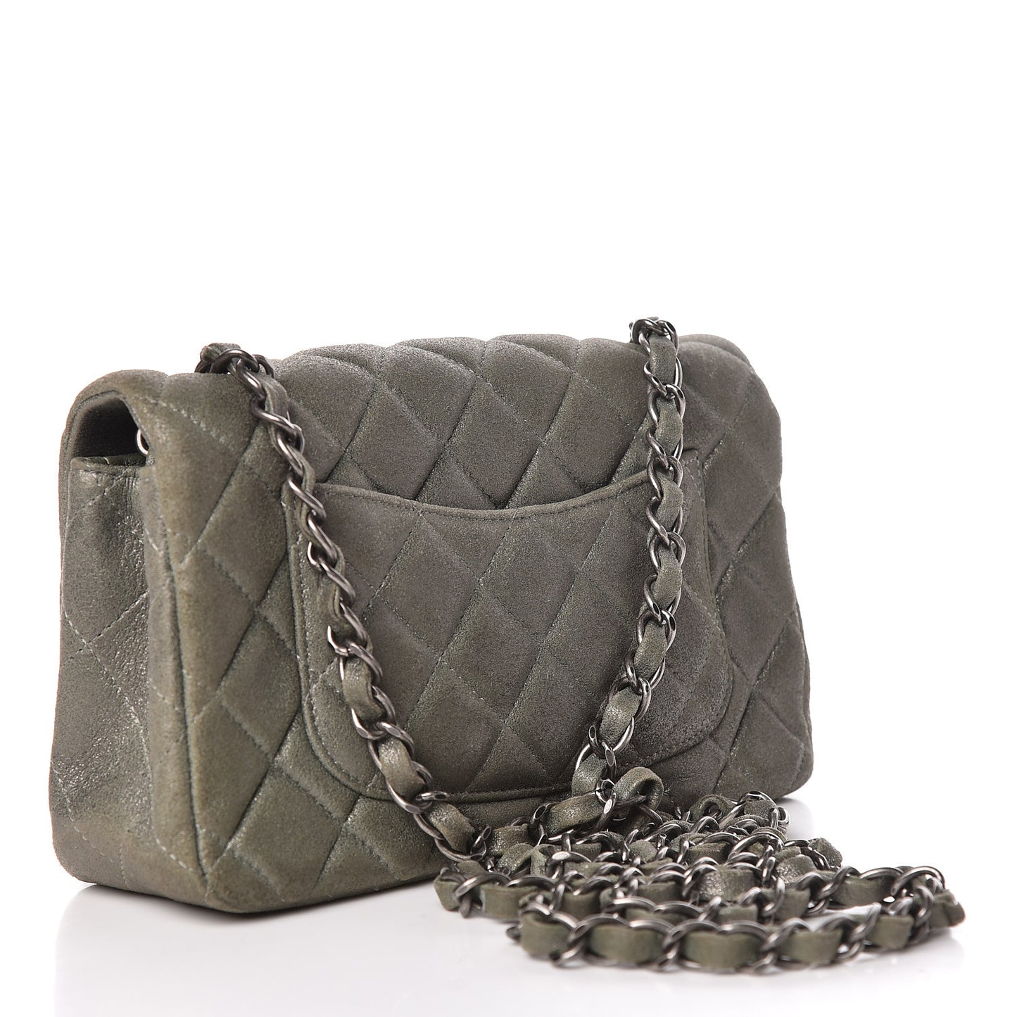 Iridescent Lambskin Quilted Mini Rectangular Flap Khaki