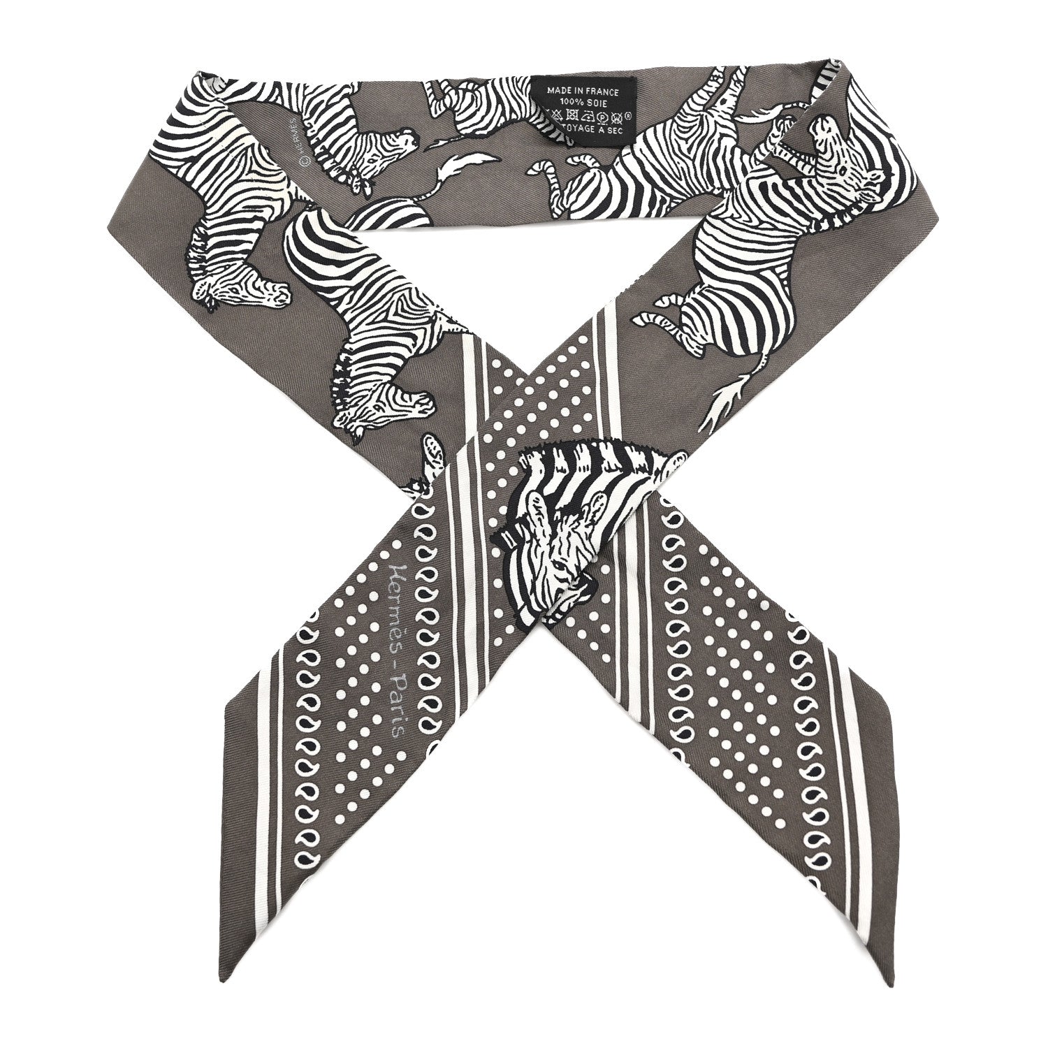 Hermes Silk Les Zebres Twilly Gris Taupe Black White 1 of 4