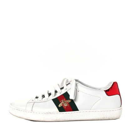 Gucci Calfskin Ayers Bee Embroidered Womens Ace Sneakers 37.5 White Green 1 of 8