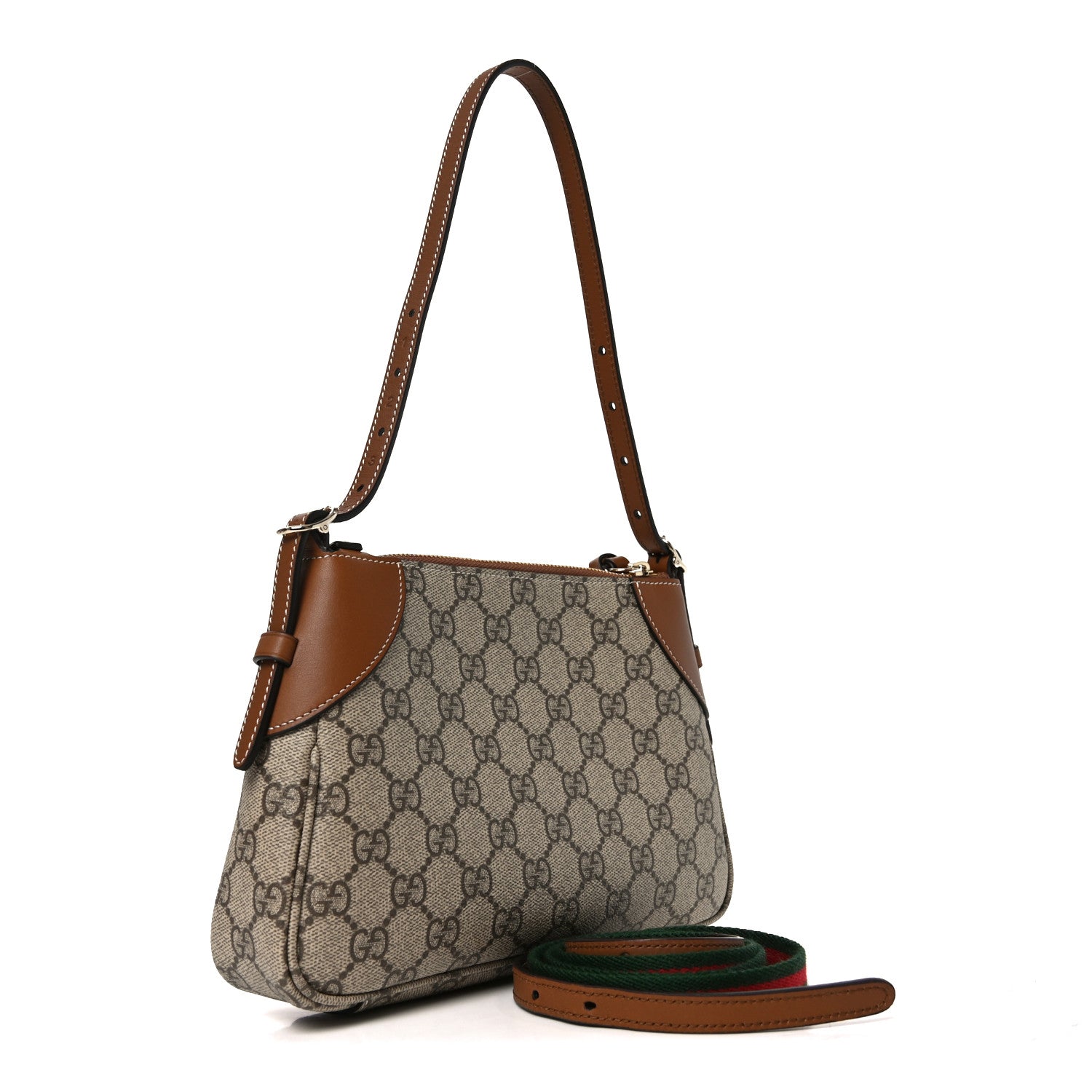 Gucci GG Supreme Monogram Textured Calfskin Small Emblem Shoulder Bag Beige Dark Brown 3 of 11