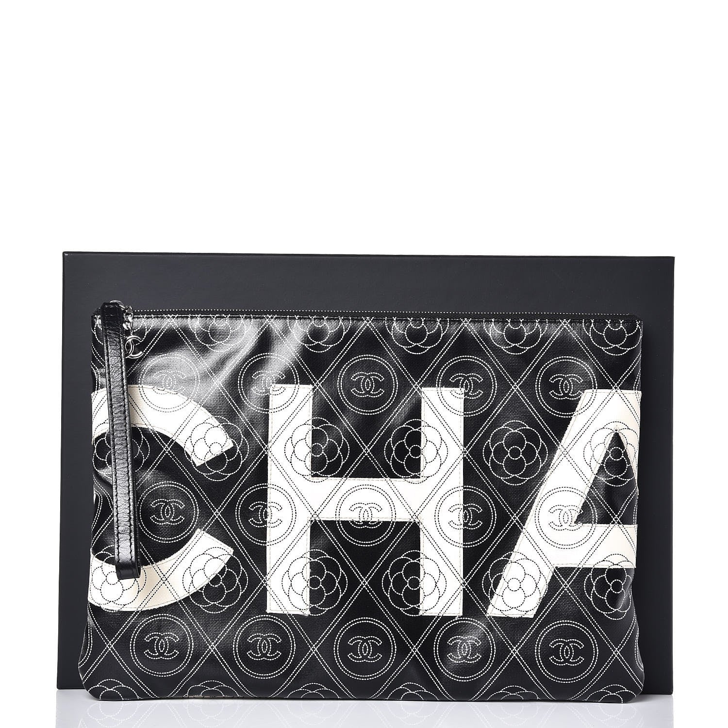 Chanel Coated Canvas Calfskin Camellia Printed Pouch Black Beige 9 of 9