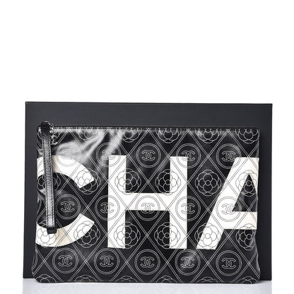 Chanel Coated Canvas Calfskin Camellia Printed Pouch Black Beige 9 of 9