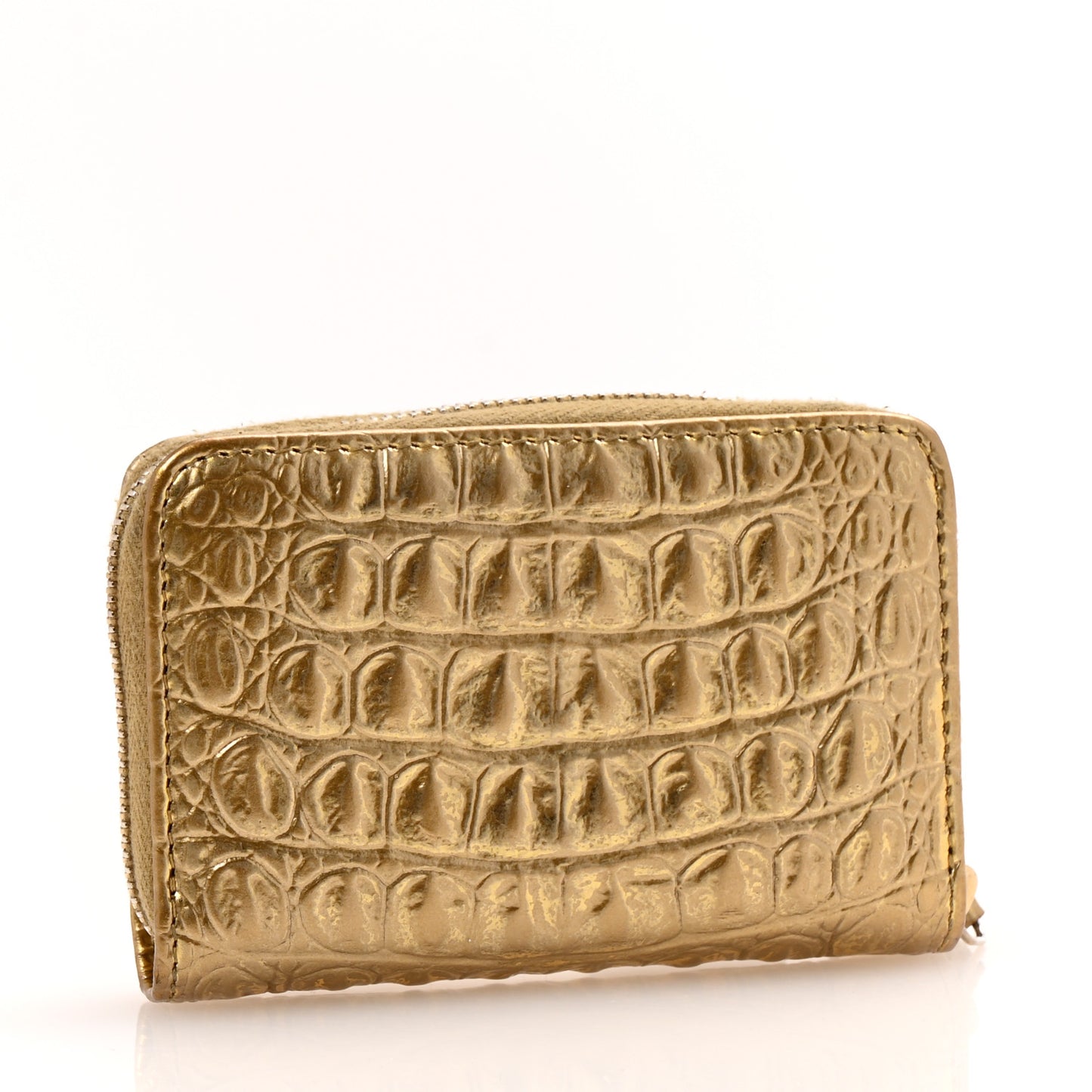 Metallic Calfskin Crocodile Embossed Cocodile Zip Coin Case Gold