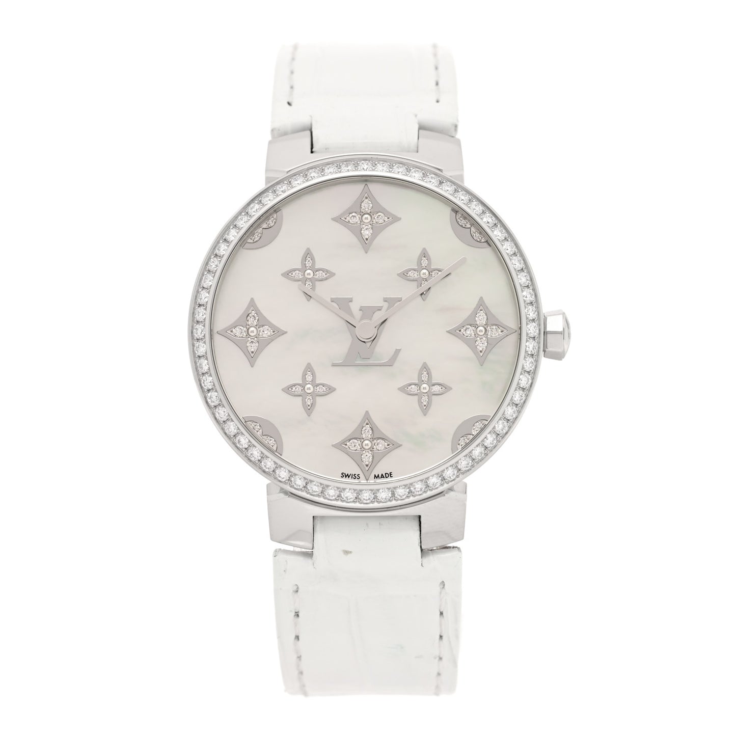 Stainless Steel Alligator Diamond Bezel Mother of Pearl 33mm Tambour Slim Quartz Watch