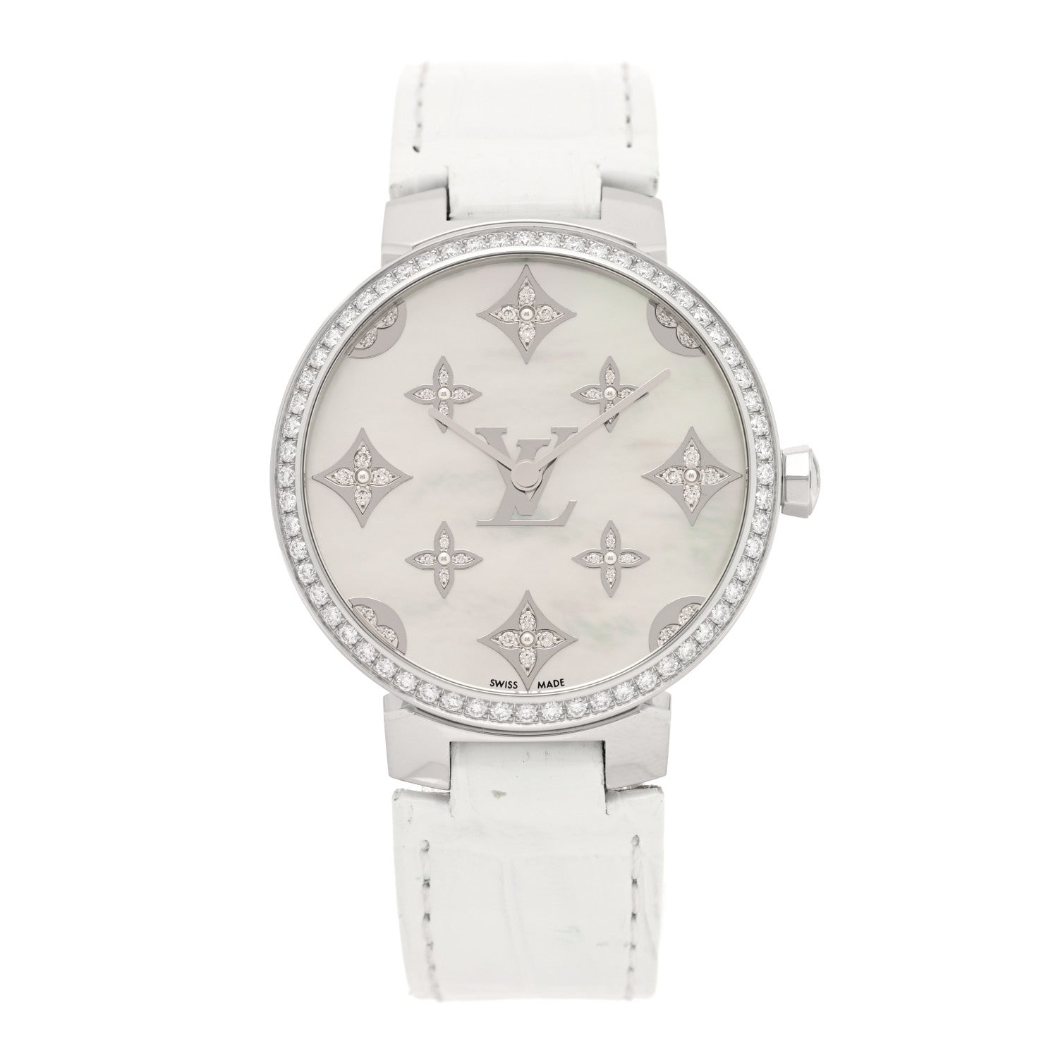 Louis Vuitton Stainless Steel Alligator Diamond Bezel Mother of Pearl 33mm Tambour Slim Quartz Watch 1 of 4