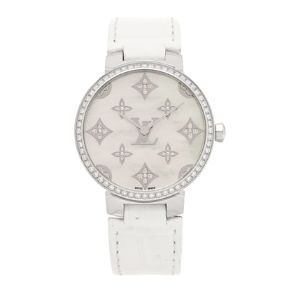 Louis Vuitton Stainless Steel Alligator Diamond Bezel Mother of Pearl 33mm Tambour Slim Quartz Watch 1 of 4